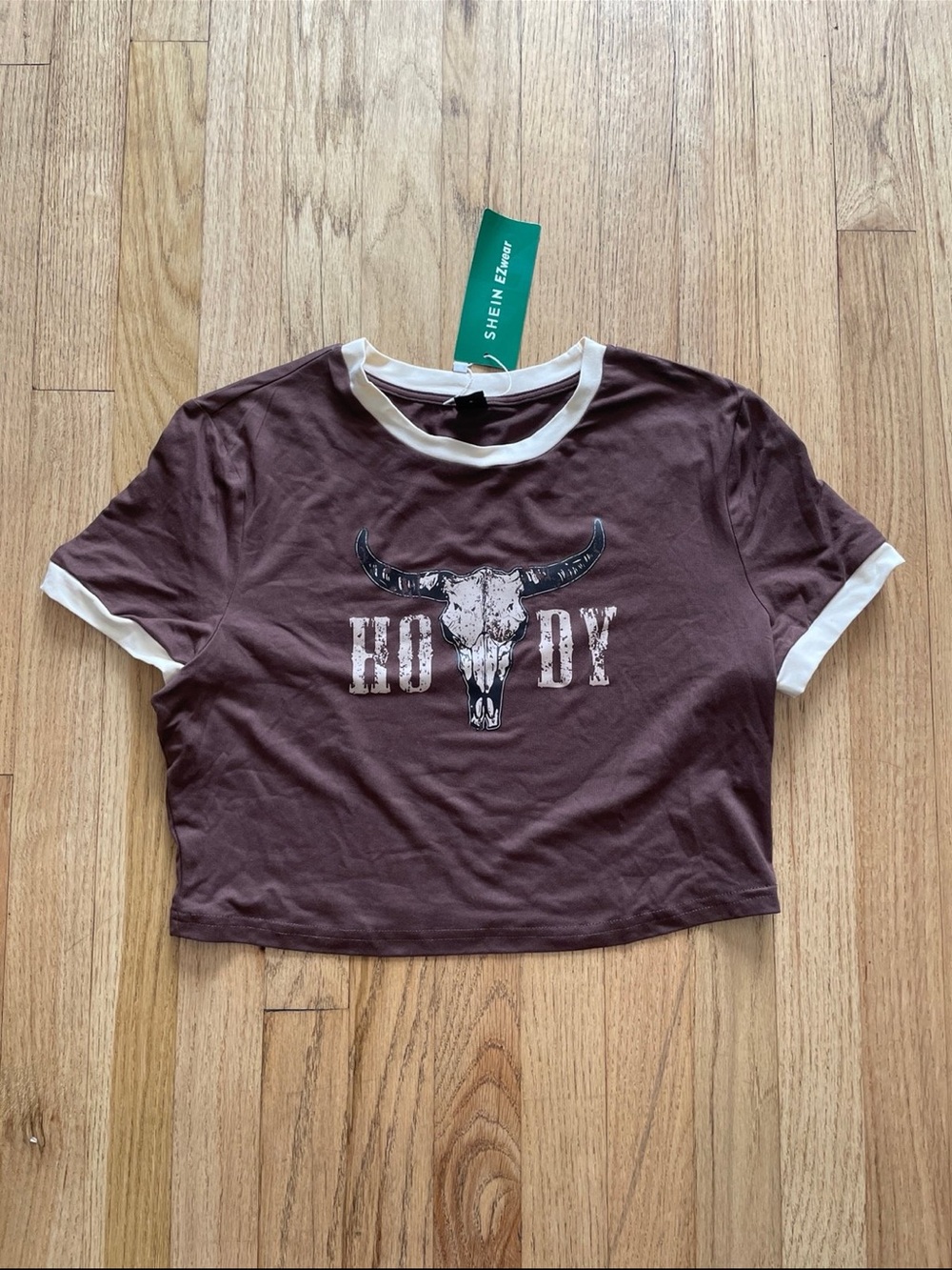 Shein Brown 'Howdy' Skull Ringer Crop Top NWT